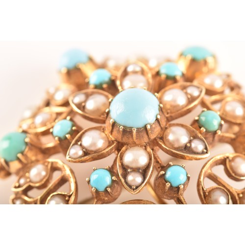 83 - A yellow gold brooch featuring cabochon turquoise and pearls, measuring approximately 3.5cm, 12.8 gr... 