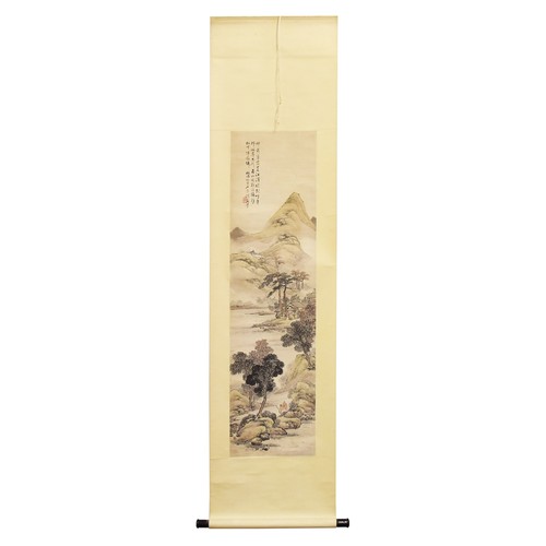 250 - A mid 20th century Chinese painted scroll, depicting an extensive landscape scene with trees and bui... 