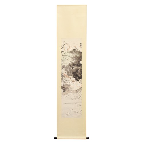 251 - A mid 20th century Chinese painted scroll, depicting a scene of leaves and flowers over lillies on w... 