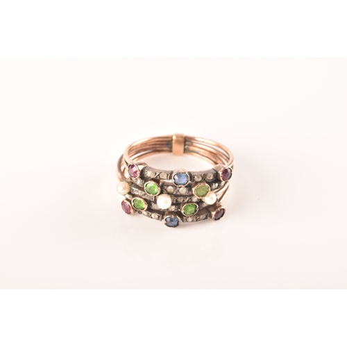 70 - An unusual late 19th century diamond and gemstone ring, composed of five slender bands, inset with o... 