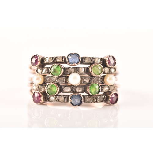 70 - An unusual late 19th century diamond and gemstone ring, composed of five slender bands, inset with o... 