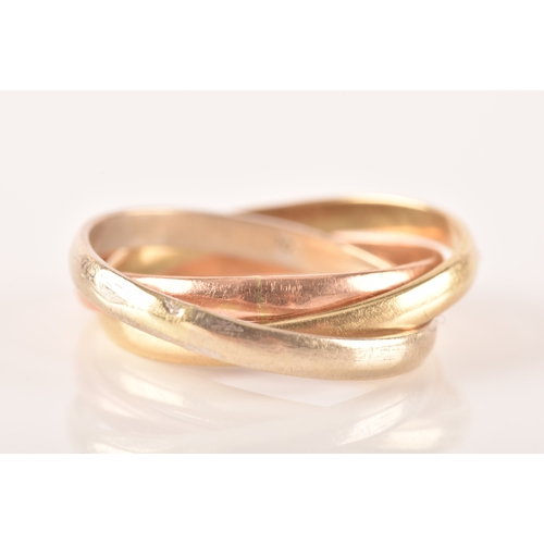 28 - A rose, yellow, and white metal Russian wedding band, unmarked (likely 9ct), size J 1/2, together wi... 