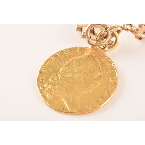 52 - A 9ct yellow gold gate-link bracelet, suspended with a George III spade guinea coin, the bracelet ma... 