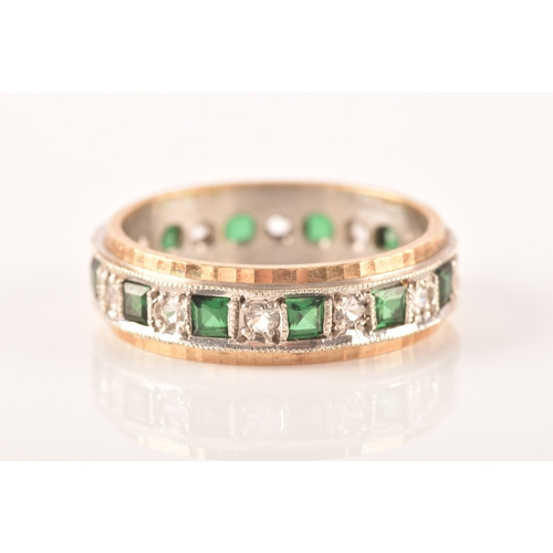 95 - A 9ct yellow gold and green and white paste stone eternity ring, size P, together with a 9ct yellow ... 