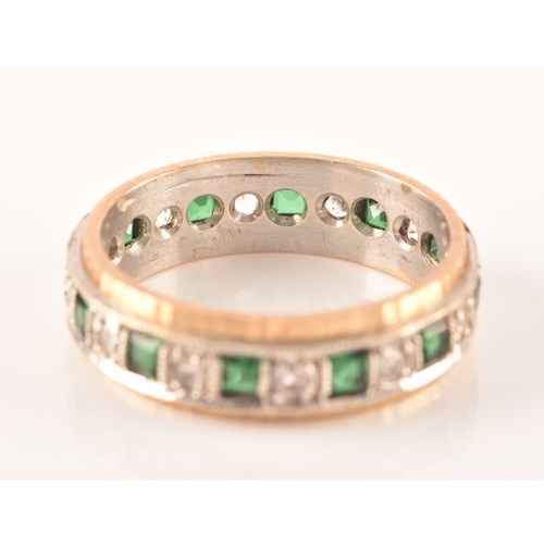 95 - A 9ct yellow gold and green and white paste stone eternity ring, size P, together with a 9ct yellow ... 