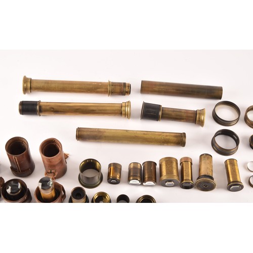 307 - A box of miscellaneous telescope items, including an R & J Beck Ltd brass telescope draw (with g... 