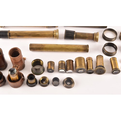 307 - A box of miscellaneous telescope items, including an R & J Beck Ltd brass telescope draw (with g... 