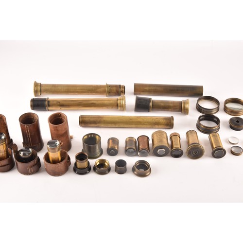 307 - A box of miscellaneous telescope items, including an R & J Beck Ltd brass telescope draw (with g... 