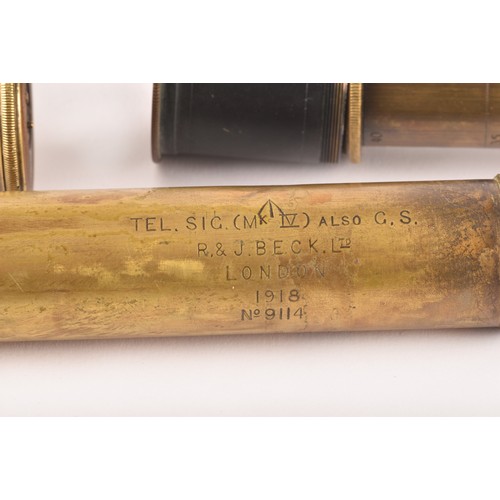 307 - A box of miscellaneous telescope items, including an R & J Beck Ltd brass telescope draw (with g... 