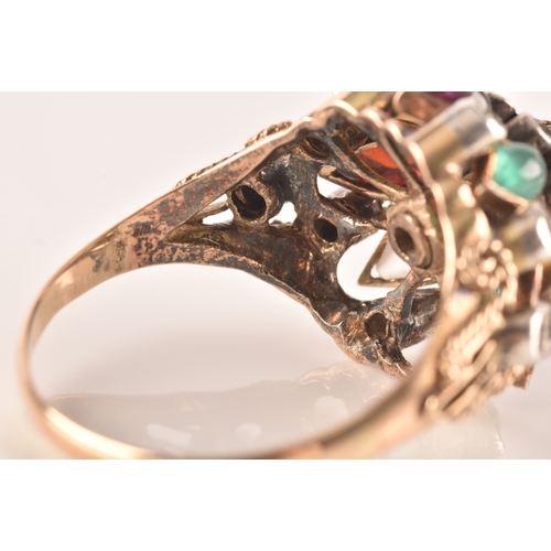 89 - A yellow metal, diamond, and multi-gem princess ring, of domed design, set with garnet, tigers eye, ... 