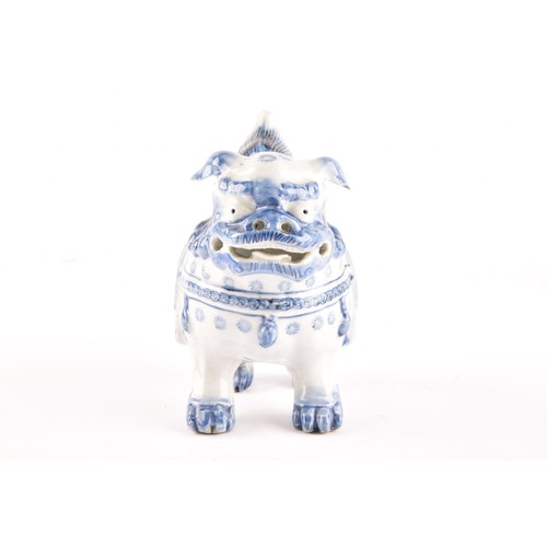 32 - Two Japanese porcelain dogs of foe, one blue and white measuring 15 x 13cm, the other red and blue m... 