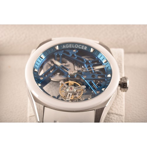 166 - An Agelocer Tourbillon New Hollow Blue Mechanical Watch, hand-wound cal. A9001 free-sprung balance f... 