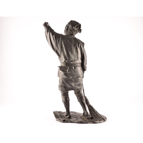 26 - A large Japanese Meiji period (1868-1912) bronze figure of a peasant with a broom, stood with arm ra... 