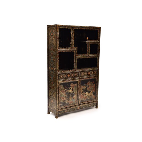 39 - A modern Japanese black lacquer display cabinet, gilt and polychrome decorated, the upper section wi... 