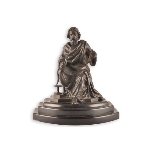 241 - A Victorian spelter sculpture of Asclepius seated with arm raised and holding a snake in his other h... 