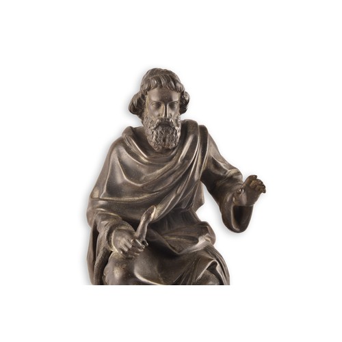 241 - A Victorian spelter sculpture of Asclepius seated with arm raised and holding a snake in his other h... 