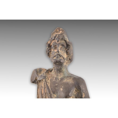 242 - A small 19th century European grand tour bronze torso of a Roman man, with one arm, wearing a toga. ... 