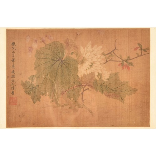 22 - A 19th century Chinese watercolour painting of flowers and leaves, signed with Chinese character mar... 