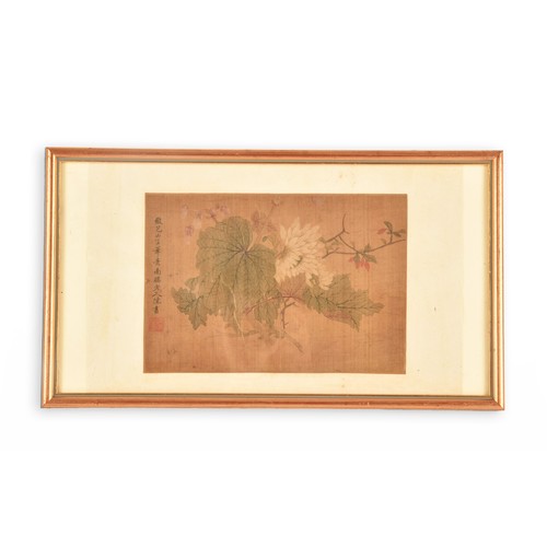 22 - A 19th century Chinese watercolour painting of flowers and leaves, signed with Chinese character mar... 