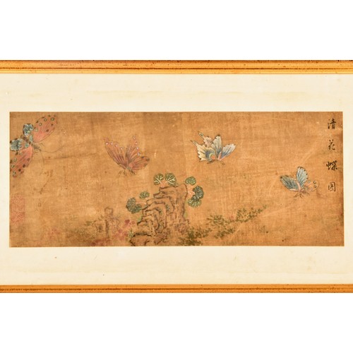 23 - A 19th century Chinese watercolour painting of four butterflies, flying around a rock and foliage,  ... 