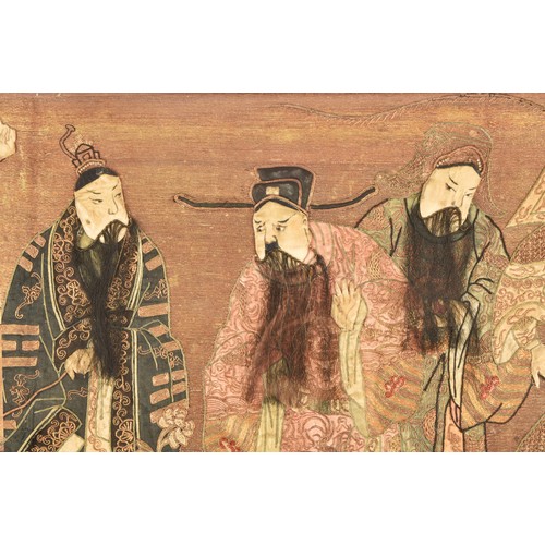 27 - A 19th century Chinese silkwork tapestry depicting five elders, stood in various poses wearing elabo... 