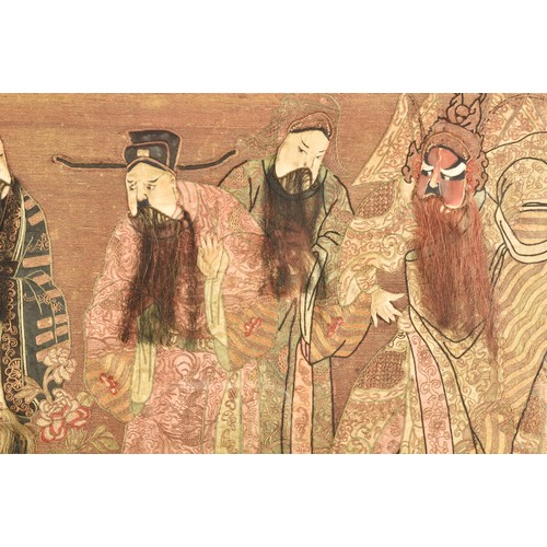 27 - A 19th century Chinese silkwork tapestry depicting five elders, stood in various poses wearing elabo... 