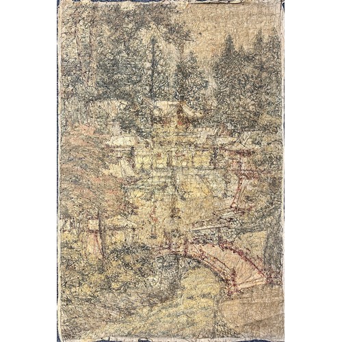 28 - A large Japanese antique silkwork depicting a Japanese town scene with traditional buildings, a red ... 