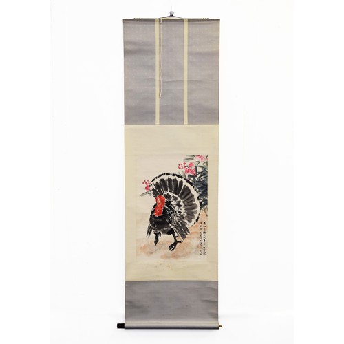 30 - A mid 20th century Chinese painted scroll, depicting a turkey with flowers in the background, with C... 