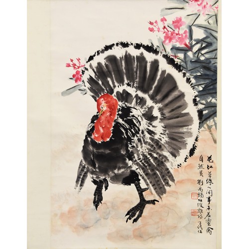 30 - A mid 20th century Chinese painted scroll, depicting a turkey with flowers in the background, with C... 