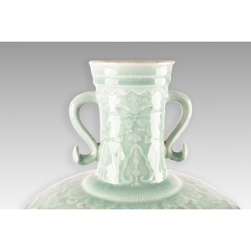 16 - A large Chinese Republic Period celadon glazed 'Longevity' vase, featuring rows of various shou (lon... 