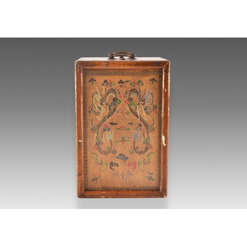 36 - An early 19th century Chinese carved and painted wooden vase box, c.1820-1830, with twin bronze carr... 