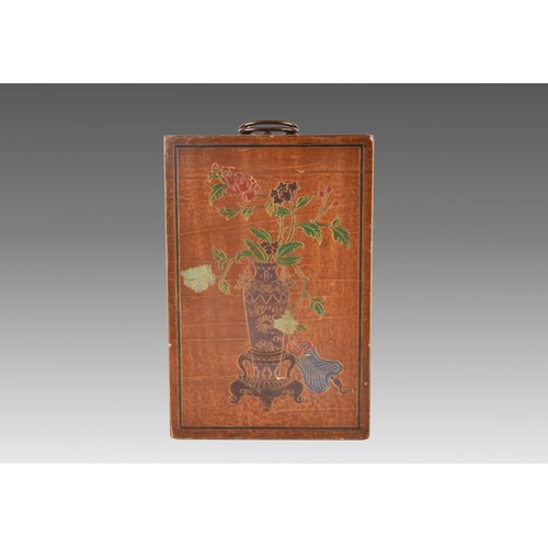 36 - An early 19th century Chinese carved and painted wooden vase box, c.1820-1830, with twin bronze carr... 