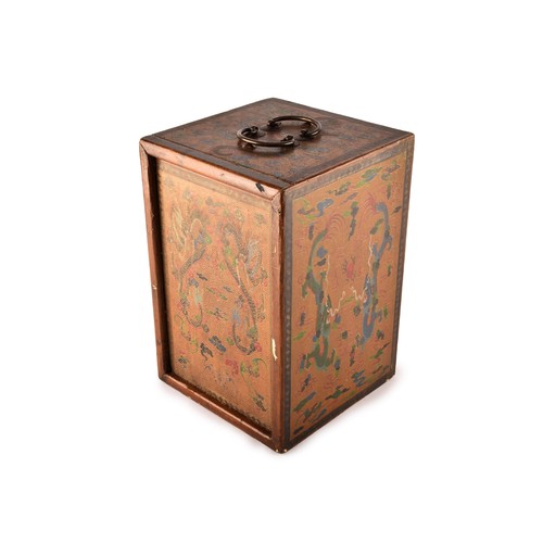 36 - An early 19th century Chinese carved and painted wooden vase box, c.1820-1830, with twin bronze carr... 