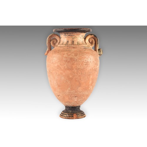 265 - An Ancient Greek terracotta pottery vase, with twin scrolled handles, the body decorated with a fres... 