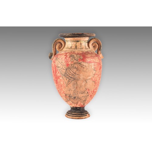 265 - An Ancient Greek terracotta pottery vase, with twin scrolled handles, the body decorated with a fres... 