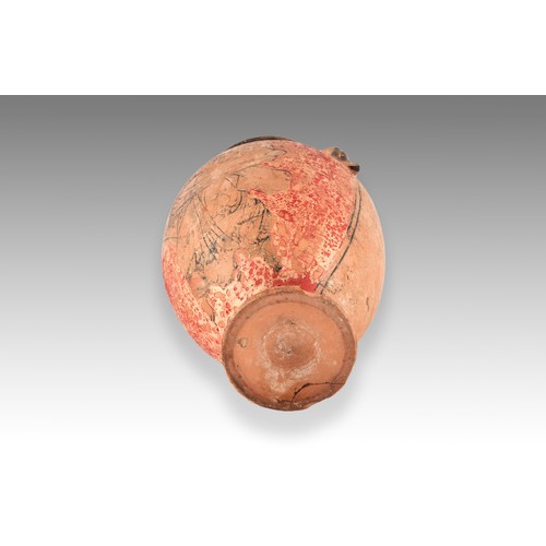 265 - An Ancient Greek terracotta pottery vase, with twin scrolled handles, the body decorated with a fres... 