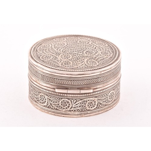 179 - An Indian white metal box, filigree detail, 7.5cm, and a white metal Bon Bon dish, open work filigre... 