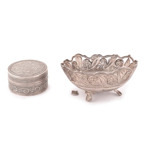 179 - An Indian white metal box, filigree detail, 7.5cm, and a white metal Bon Bon dish, open work filigre... 