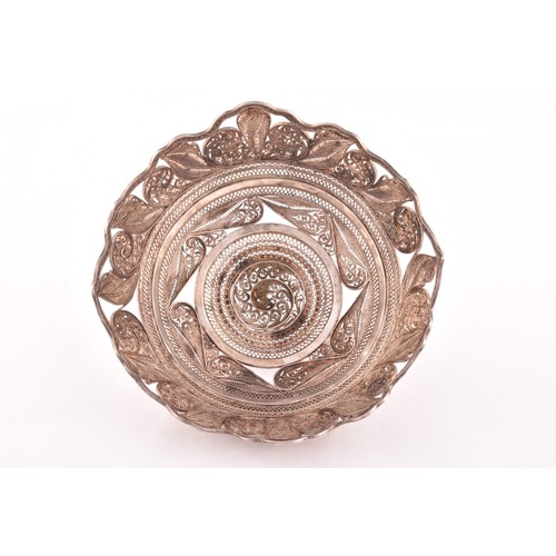 179 - An Indian white metal box, filigree detail, 7.5cm, and a white metal Bon Bon dish, open work filigre... 