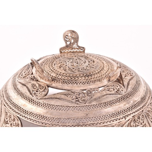 179 - An Indian white metal box, filigree detail, 7.5cm, and a white metal Bon Bon dish, open work filigre... 