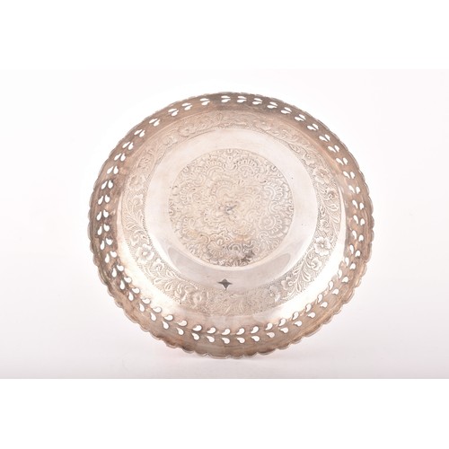 180 - A white metal bowl with pierced and floral design, unmarked, engraved to base, 19.5 x 19.5 cm, 8.4 o... 