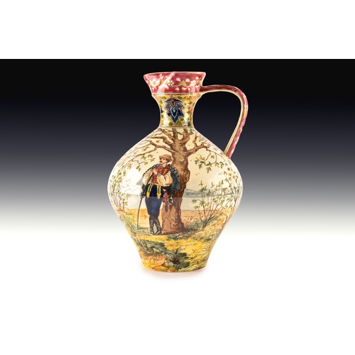 267 - A Hungarian Fischer ceramic ewer or water pitcher, hand decorated in polychrome enamels depicting va... 