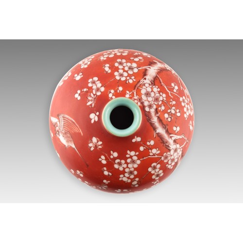 14 - A Chinese porcelain red ground blossom vase, with narrow turquoise glazed neck, the body painted wit... 