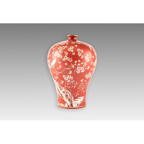 14 - A Chinese porcelain red ground blossom vase, with narrow turquoise glazed neck, the body painted wit... 