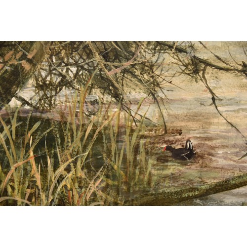 235 - Ken Turner (British)'Mallards and Teal', a peaceful river scene with ducks, oil on board, signed low... 