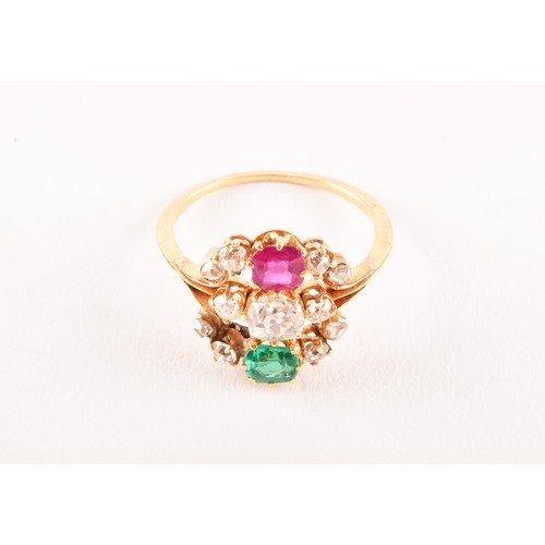 66 - A late 19th century yellow gold cluster ring (unmarked, tested 22ct gold), featuring a cushion shape... 