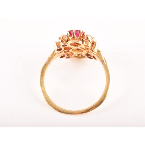 66 - A late 19th century yellow gold cluster ring (unmarked, tested 22ct gold), featuring a cushion shape... 