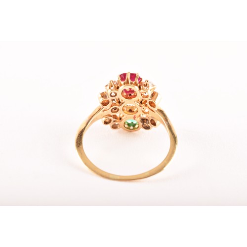 66 - A late 19th century yellow gold cluster ring (unmarked, tested 22ct gold), featuring a cushion shape... 