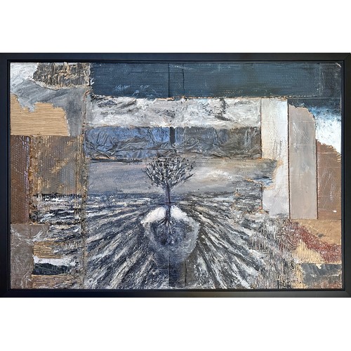 236 - Manner of Anselm Kiefera large abstract scene of a tree in a landscape, mixed media and corrugated c... 