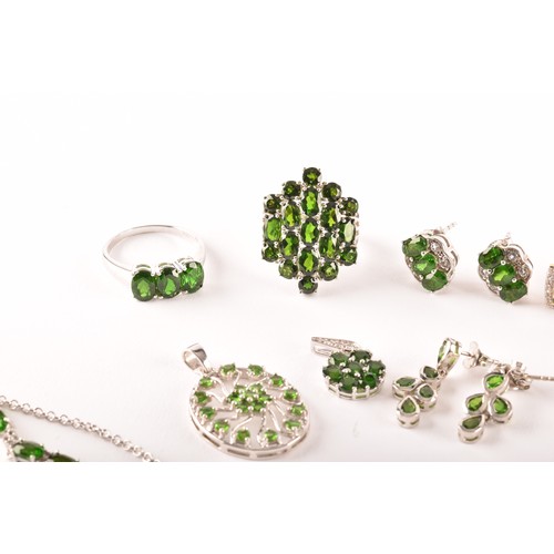 104 - A group of silver and chrome diopside jewellery, including a silver and chrome diopside drop pendant... 